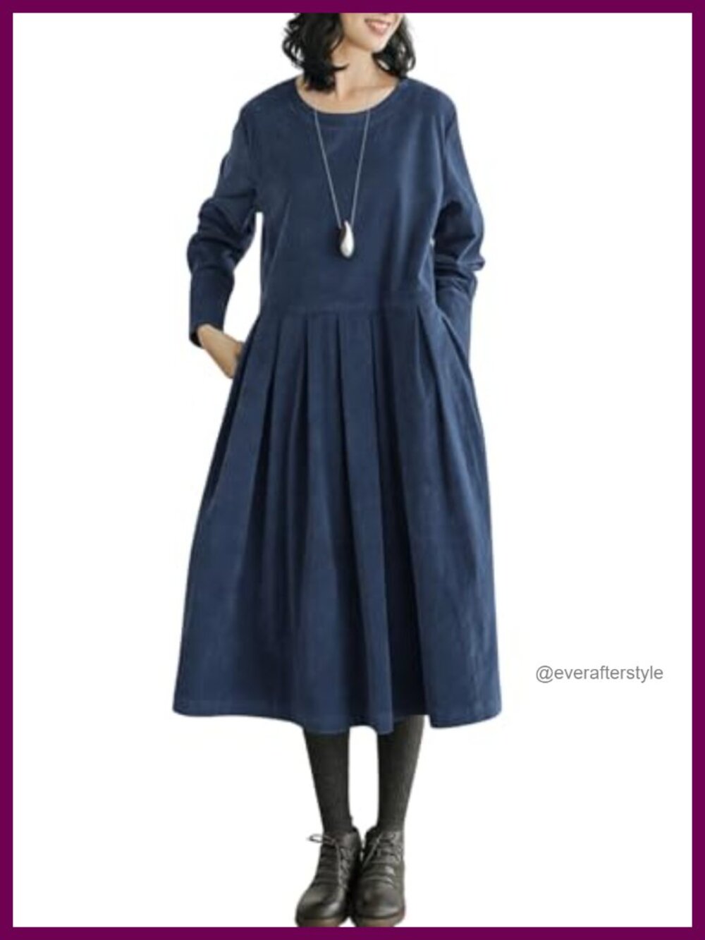 Women's Babydoll Corduroy Midi Dress Long Sleeve Pleated Pullover